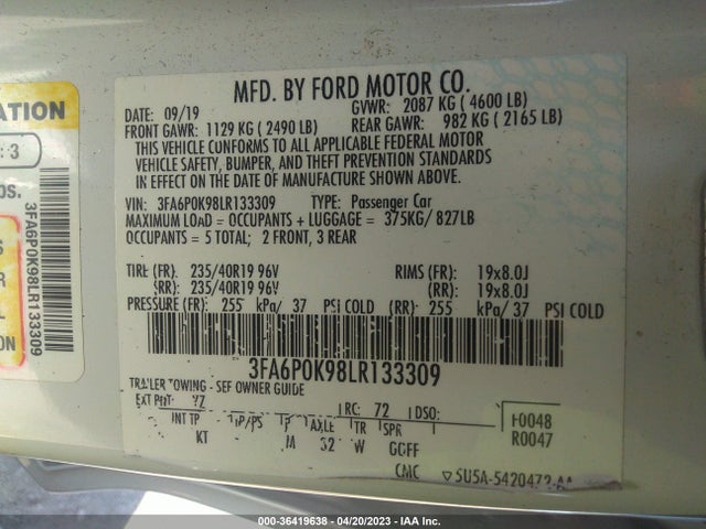 Ford Fusion Titanium 2020 3FA6P0K98LR133309 Image 9