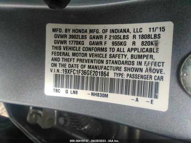 2016 HONDA CIVIC SEDAN EX-T VIN: 19XFC1F36GE201864