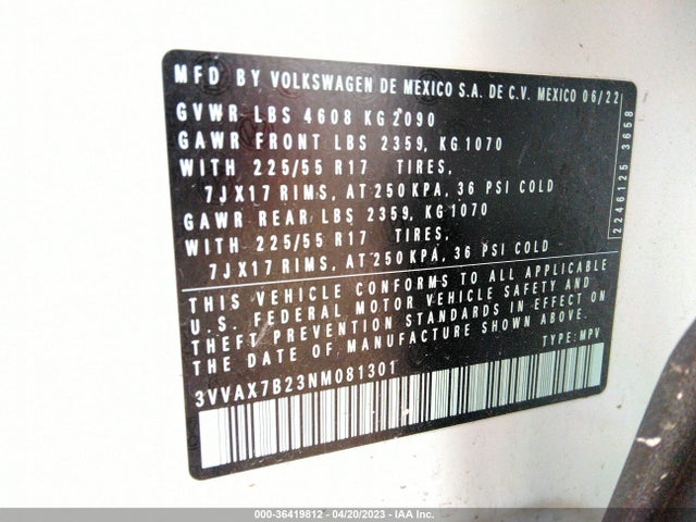 3VVAX7B23NM081301 Volkswagen TAOS S
