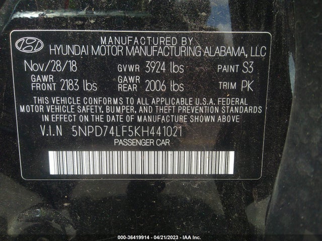 2019 HYUNDAI ELANTRA SE VIN: 5NPD74LF5KH441021