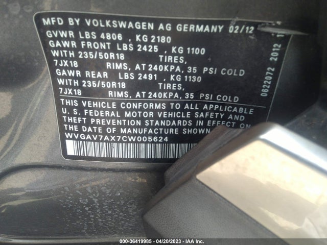 2012 VOLKSWAGEN TIGUAN SE VIN: WVGAV7AX7CW005624