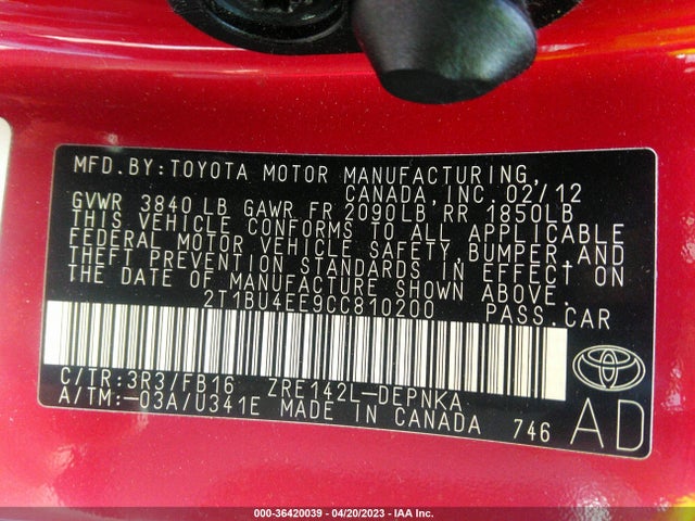 2012 TOYOTA COROLLA L/LE/S VIN: 2T1BU4EE9CC810200
