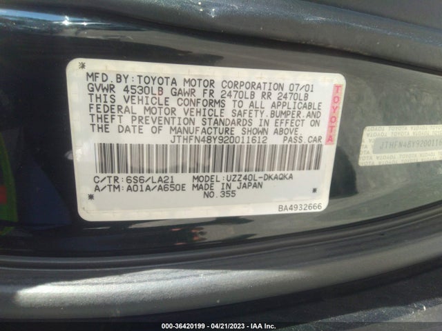 2002 LEXUS SC 430 VIN: JTHFN48Y920011612