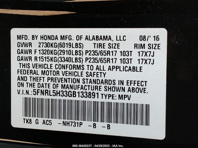 5FNRL5H33GB133891 Honda ODYSSEY SE