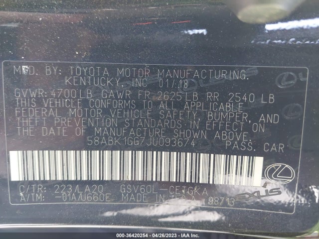58ABK1GG7JU093674 Lexus Es Es 350