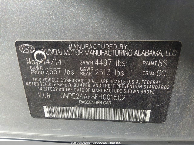 2015 HYUNDAI SONATA 2.4L SE VIN: 5NPE24AF8FH001502