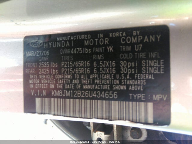 2006 HYUNDAI TUCSON GL VIN: KM8JM12B26U434656