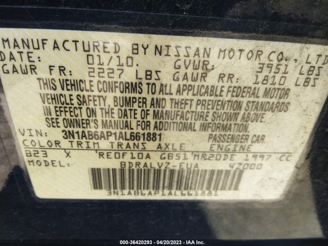 2010 NISSAN SENTRA 2.0 SL VIN: 3N1AB6AP1AL661881