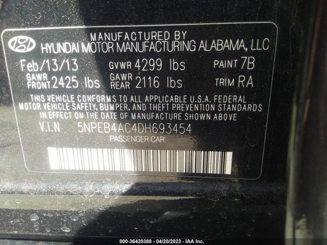 2013 HYUNDAI SONATA GLS PZEV VIN: 5NPEB4AC4DH693454