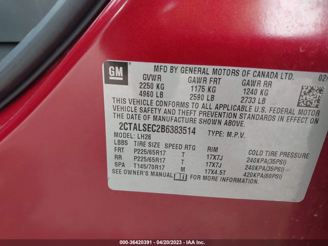 2011 GMC TERRAIN SLE-2 VIN: 2CTALSEC2B6383514