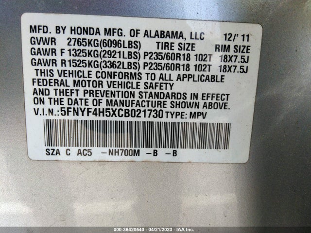 2012 HONDA PILOT EX-L VIN: 5FNYF4H5XCB021730