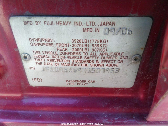 2007 SUBARU IMPREZA SEDAN I VIN: JF1GD61697G507933