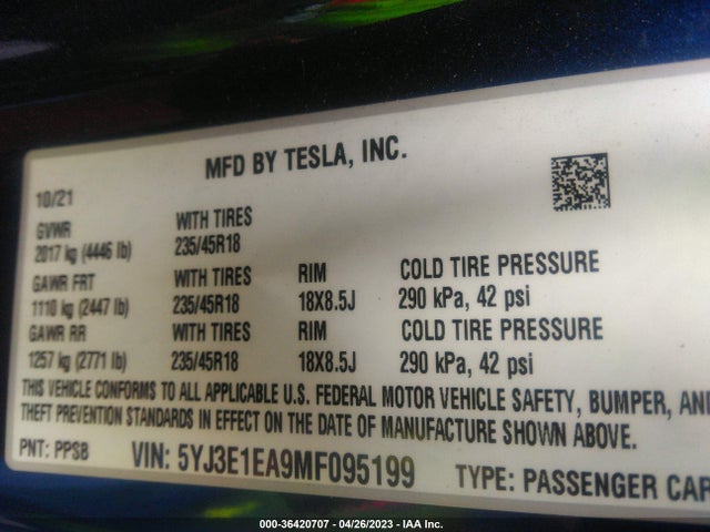 Tesla Model 3 Standard Range Plus 2021 5YJ3E1EA9MF095199 Image 9
