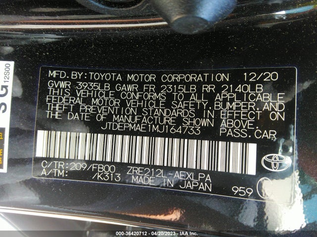 2021 TOYOTA COROLLA LE VIN: JTDEPMAE1MJ164733