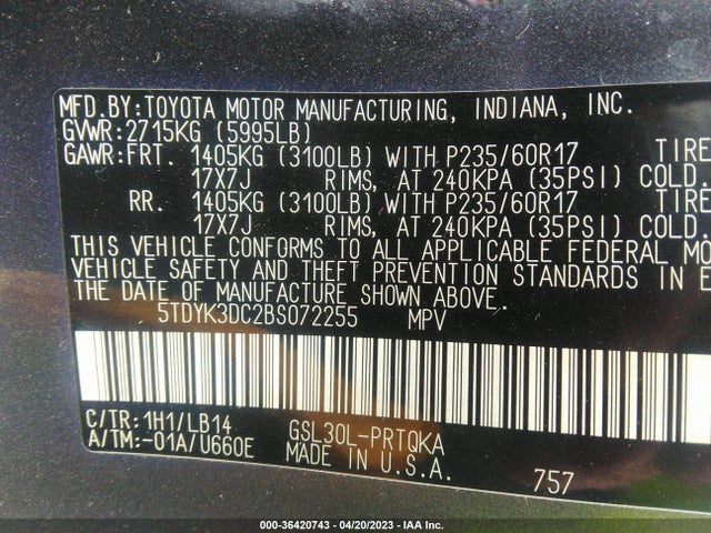 2011 TOYOTA SIENNA XLE AAS/XLE/LTD VIN: 5TDYK3DC2BS072255