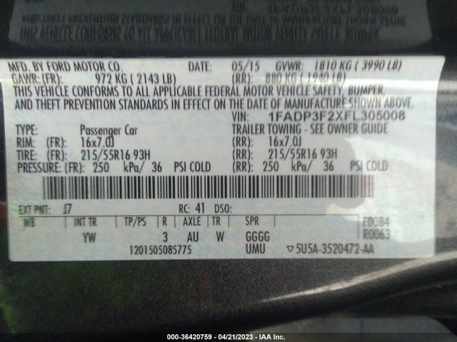 Ford FOCUS SE 2015 1FADP3F2XFL305008 Image 10