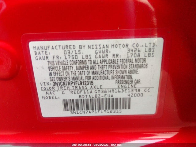 Nissan VERSA SV 2015 3N1CN7AP1FL912315 Image 11