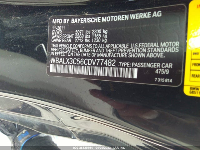 2012 BMW 6 SERIES 650I VIN: WBALX3C56CDV77482