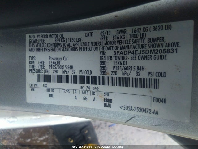 2013 FORD FIESTA SE VIN: 3FADP4EJ5DM205831