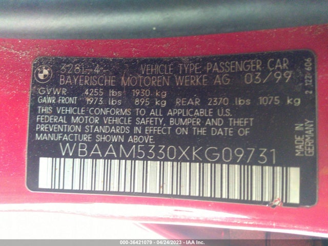 1999 BMW 3 SERIES 328I VIN: WBAAM5330XKG09731