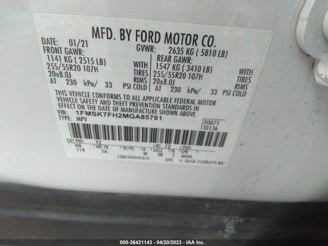 2021 FORD EXPLORER LIMITED VIN: 1FMSK7FH2MGA85781