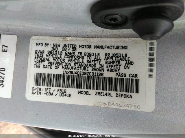 2009 TOYOTA COROLLA VIN: 1NXBU40E09Z091126