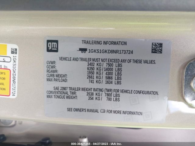1GKS1GKD8NR173724 GMC Yukon Xl Slt