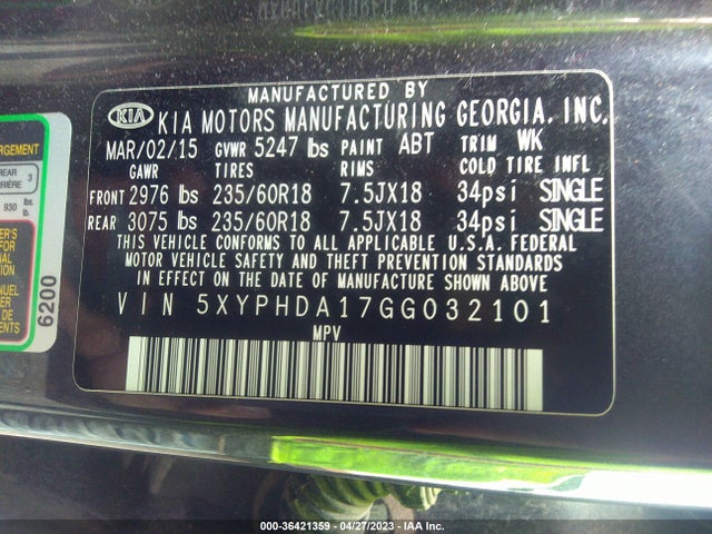 2016 KIA SORENTO EX VIN: 5XYPHDA17GG032101