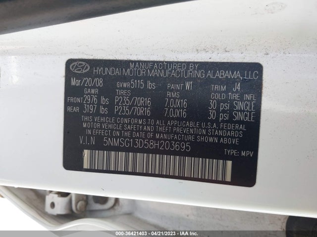 2008 HYUNDAI SANTA FE GLS VIN: 5NMSG13D58H203695