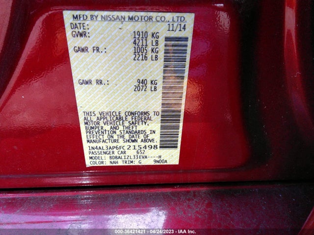 2015 NISSAN ALTIMA 2.5 SV VIN: 1N4AL3AP6FC215498