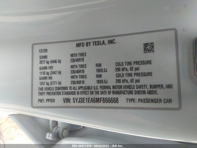 5YJ3E1EA6MF866668 Tesla Model 3 Standard Range Plus