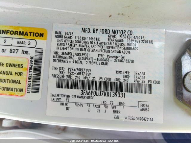 3FA6P0LU7KR139331 Ford Fusion Hybrid Se