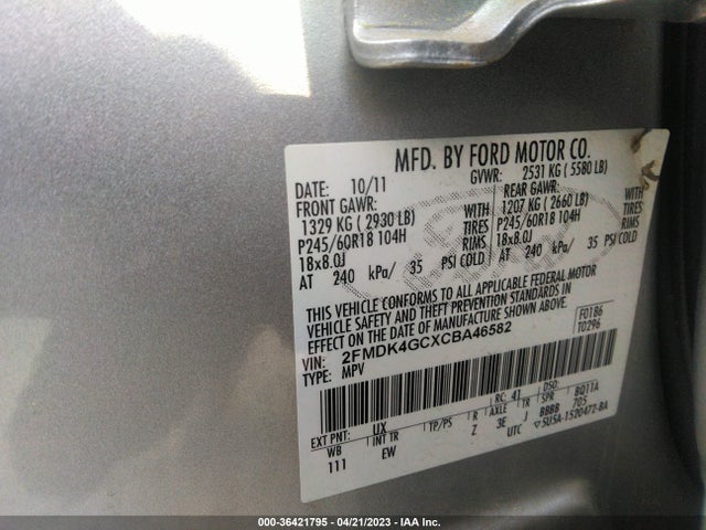 2012 FORD EDGE SE VIN: 2FMDK4GCXCBA46582