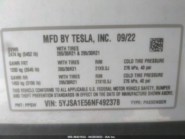 5YJSA1E56NF492378 Tesla MODEL S