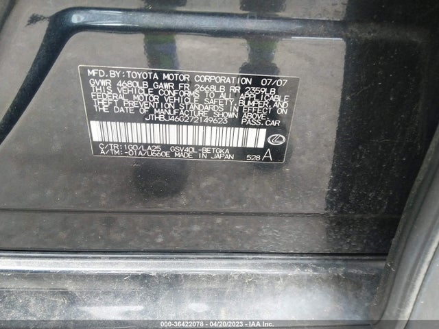 2007 LEXUS ES 350 VIN: JTHBJ46G272149623