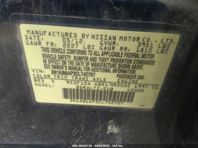 2012 NISSAN SENTRA 2.0 S VIN: 3N1AB6AP3CL742707
