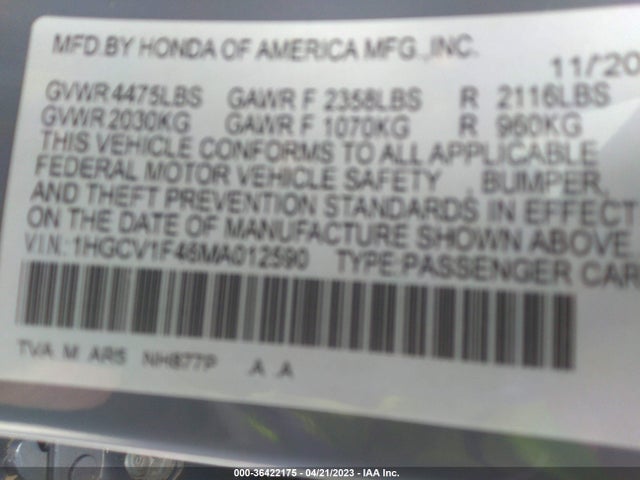 2021 HONDA ACCORD SEDAN SPORT SE VIN: 1HGCV1F46MA012590