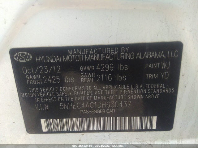 2013 HYUNDAI SONATA LIMITED PZEV VIN: 5NPEC4AC1DH630437