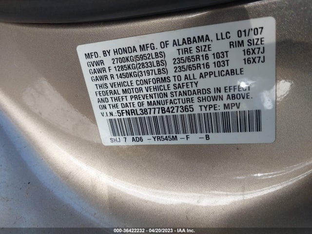 2007 HONDA ODYSSEY EX-L VIN: 5FNRL38777B427365