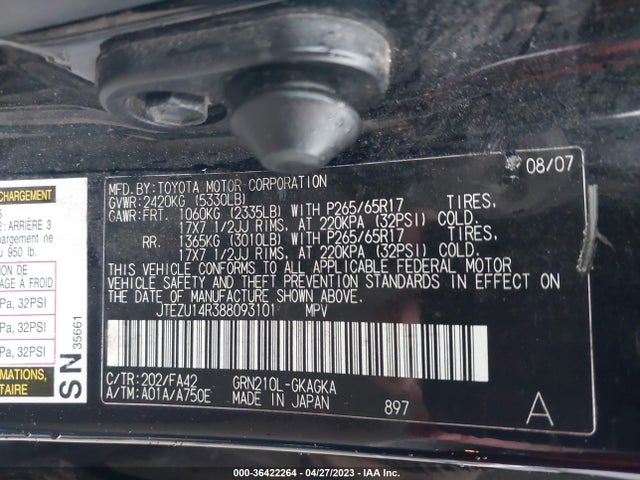 2008 TOYOTA 4RUNNER SR5 SPORT VIN: JTEZU14R388093101