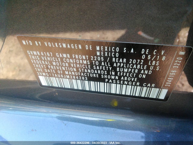 3VWG17AU6JM284283 Volkswagen GOLF S/SE