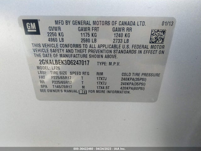 2013 CHEVROLET EQUINOX LS VIN: 2GNALBEK3D6247017
