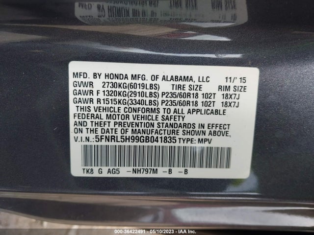 2016 HONDA ODYSSEY TOURING VIN: 5FNRL5H99GB041835