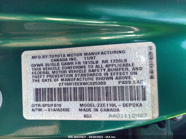 1998 TOYOTA COROLLA VE/CE/LE VIN: 2T1BR12EXWC025306