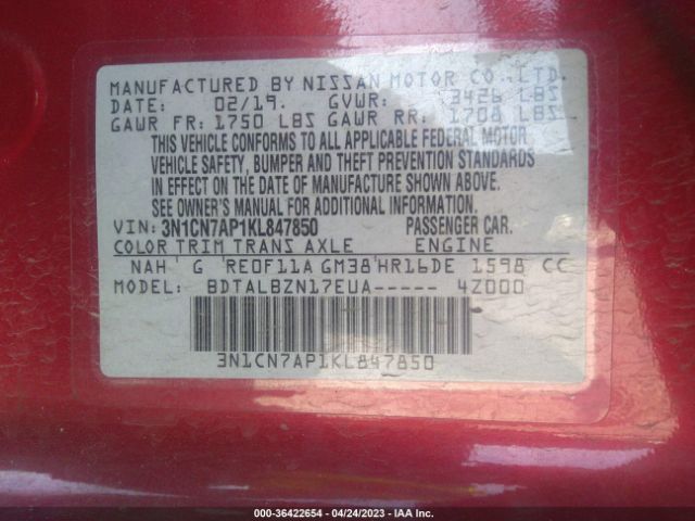 3N1CN7AP1KL847850 Nissan Versa Sedan Sv