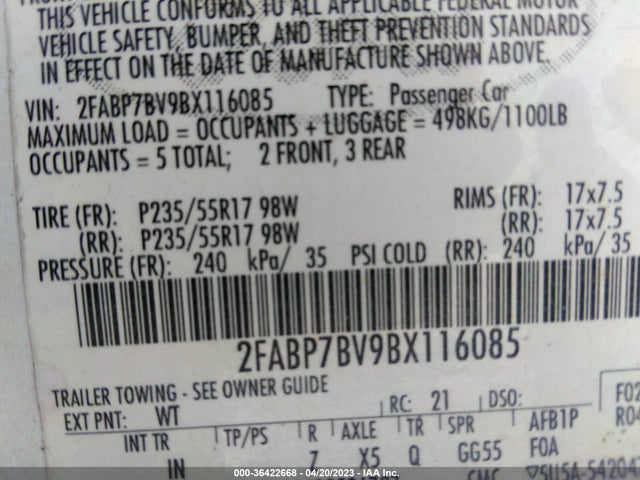 2011 FORD POLICE INTERCEPTOR VIN: 2FABP7BV9BX116085