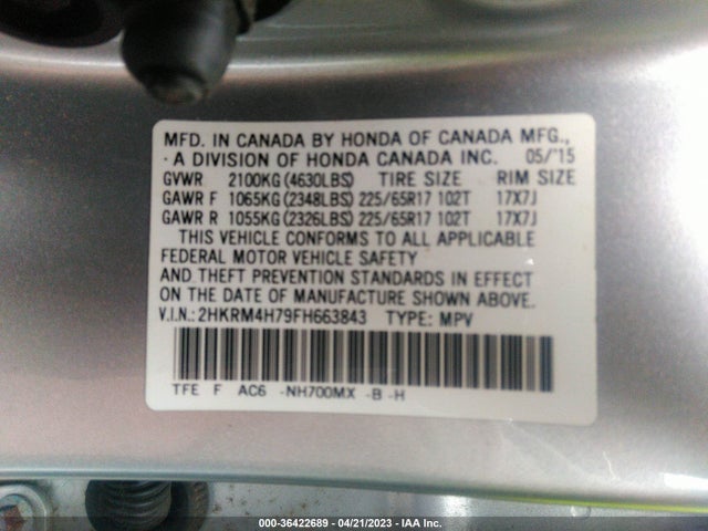 2015 HONDA CR-V EX-L VIN: 2HKRM4H79FH663843