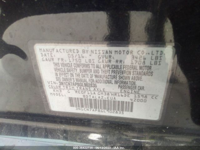 3N1CN7AP8GL902835 Nissan Versa S Plus