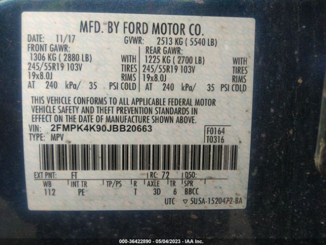 2FMPK4K90JBB20663 Ford Edge Titanium