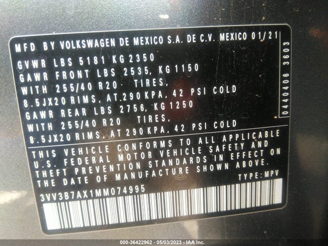 2021 VOLKSWAGEN TIGUAN SE/SE R-LINE BLACK/SEL VIN: 3VV3B7AX1MM074995